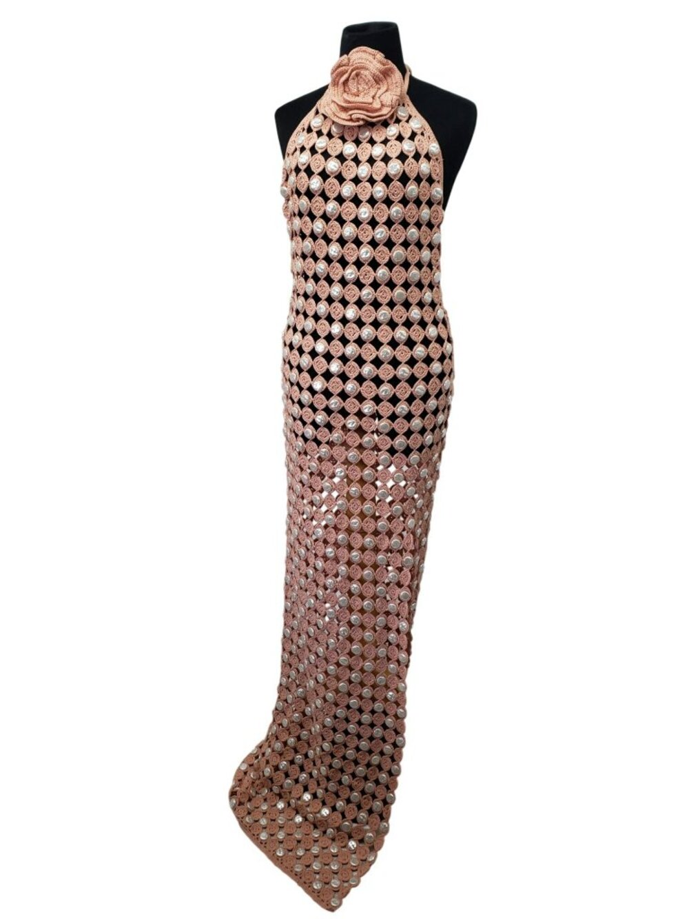 Toccin Pink Crochet Faux Mother of Pearl Button Rosette Halter Maxi Dress - Picture 15 of 15